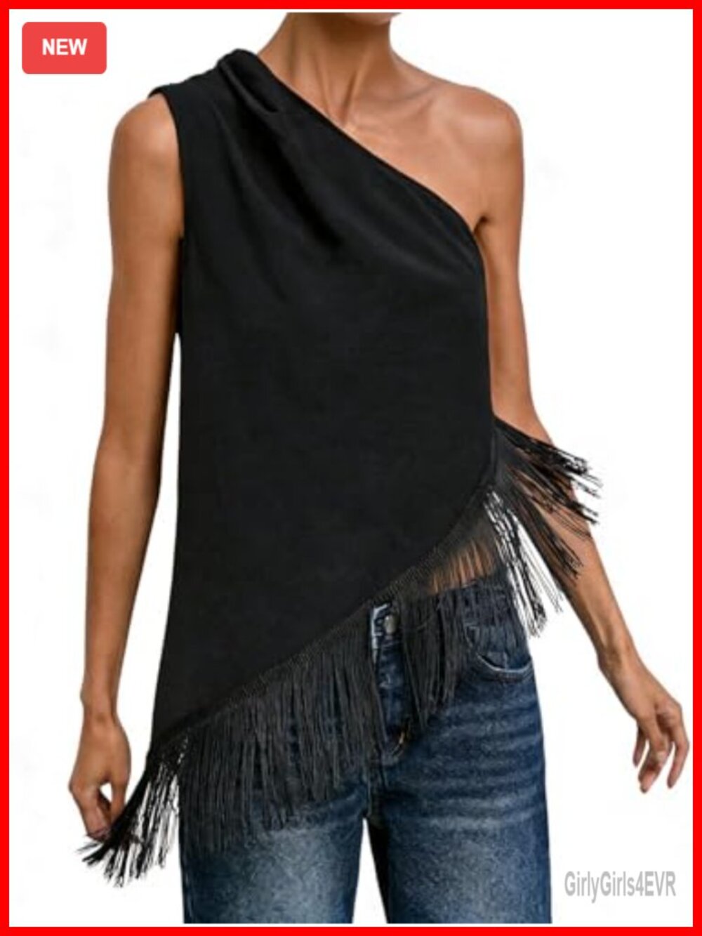 Women's Asymmetrical Fringe Tank Top Sleeveless One Shoulder Party Top